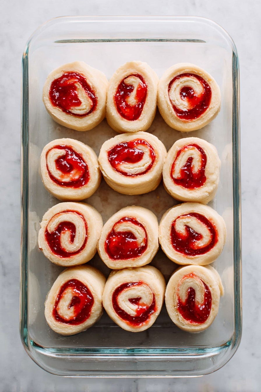 A single cinnamon roll sits on a white plate over a white marbled surface. The roll has three visible layers: a light golden-brown dough layer at the base with a soft texture, a thin spiral of reddish-pink jelly filling in the middle, and a thick layer of pale pink creamy icing covering the top and sides, slightly dripping down. A silver fork with traces of icing is pulling a bite-sized piece from the roll on the lower right side. Photo taken with an iphone --ar 2:3 --v 7