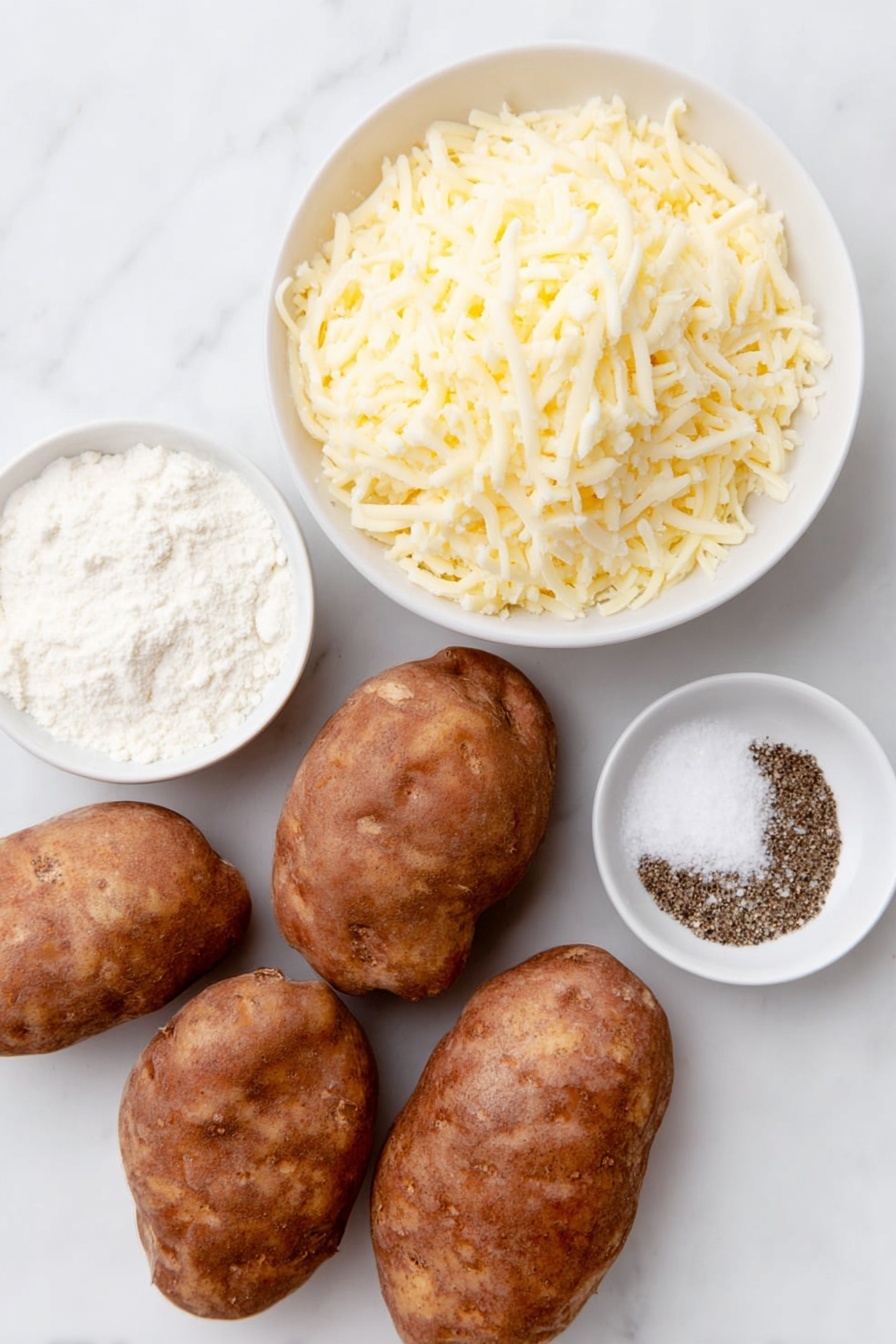 Flat lay of fresh whole russet potatoes with rough brown skins, a small mound of finely grated sharp cheddar cheese in a simple white ceramic bowl, a small white ceramic bowl filled with fine all-purpose flour, a small white ceramic bowl containing coarse kosher salt crystals, a small white ceramic bowl with freshly ground black pepper, placed symmetrically on a clean white marble surface, soft natural light, photo taken with an iPhone, professional food photography style, fresh ingredients, white ceramic bowls, no bottles, no duplicates, no utensils, no packaging --ar 2:3 --v 7 --p m7354615311229779997