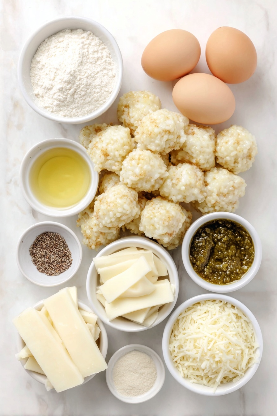 Flat lay of leftover cooked risotto scooped into balls, several pieces of mozzarella string cheese sticks cut crosswise, a small bowl of all-purpose flour, a small bowl of garlic powder, a small mound of kosher salt, a small pile of freshly ground black pepper, two large whole uncracked eggs, a small bowl of panko bread crumbs, a small bowl of shredded Pecorino Romano, a small white ceramic bowl with olive oil cooking spray mist, a small white ceramic bowl of homemade marinara sauce, a small white ceramic bowl of fresh green pesto sauce, all arranged with perfect symmetry on a clean white marble surface, soft natural light, photo taken with an iPhone, professional food photography style, fresh ingredients, white ceramic bowls, no bottles, no duplicates, no utensils, no packaging --ar 2:3 --v 7 --p m7354615311229779997