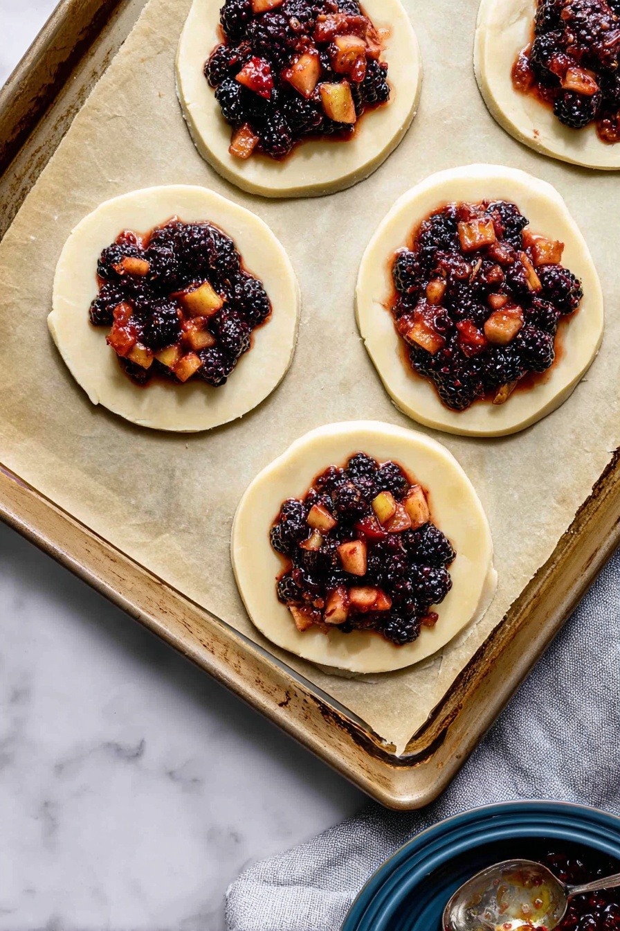 A small round berry pie with a golden crust dusted with powdered sugar sits on a white plate with vertical ridges along the rim. The pie is partially open, showing dark purple blackberries and bright red berries inside. Next to the pie on the plate is a dollop of white cream with berry juice mixing in, creating purple swirls. A silver fork rests on the plate beside the cream. A single blackberry and a green apple are blurred in the background, along with two cinnamon sticks. The whole scene is set on a white marbled surface photo taken with an iphone --ar 2:3 --v 7