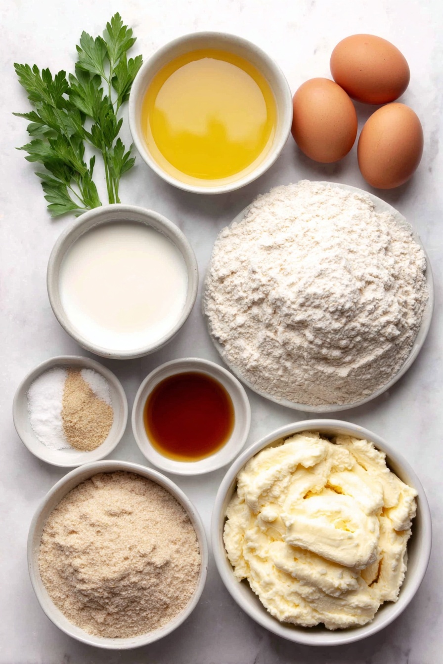 Flat lay of a small white ceramic bowl of warm water, a few tablespoons of melted golden butter in a white bowl, a small white bowl of creamy milk, a small white bowl of amber honey, a small heap of beige active dry yeast granules on the side, a mound of fine white all-purpose flour, a small white bowl of flaky sea salt crystals, a small white bowl of pale garlic powder, a few sprigs of fresh bright green parsley, a small white bowl filled with freshly grated pale yellow Parmesan cheese, two whole clean white eggs, placed on a clean white marble surface, soft natural light, photo taken with an iPhone, professional food photography style, fresh ingredients, white ceramic bowls, no bottles, no duplicates, no utensils, no packaging --ar 2:3 --v 7 --p m7354615311229779997
