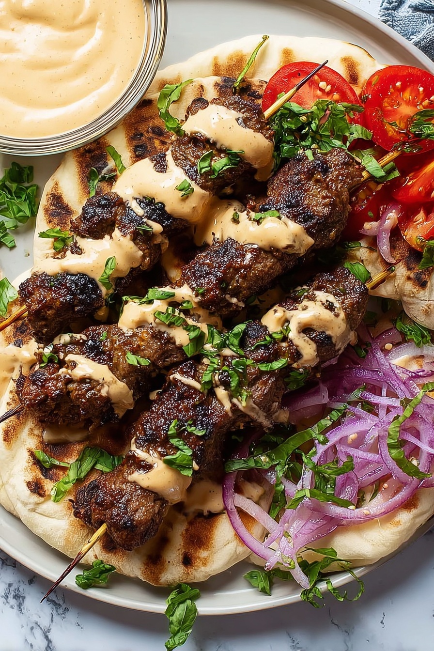 The image shows eight raw kebabs on wooden sticks, placed side by side in a straight row on a large, round, white plate with small black speckles. Each kebab is a light brown color, mixed with small pieces of green herbs and bits of white, giving a textured look. The kebabs are evenly shaped, thick, and cylindrical, with the wooden sticks protruding from both ends. The plate sits on a white marbled surface, and the overall lighting is soft and natural, highlighting the fresh texture of the meat mixture. photo taken with an iphone --ar 2:3 --v 7