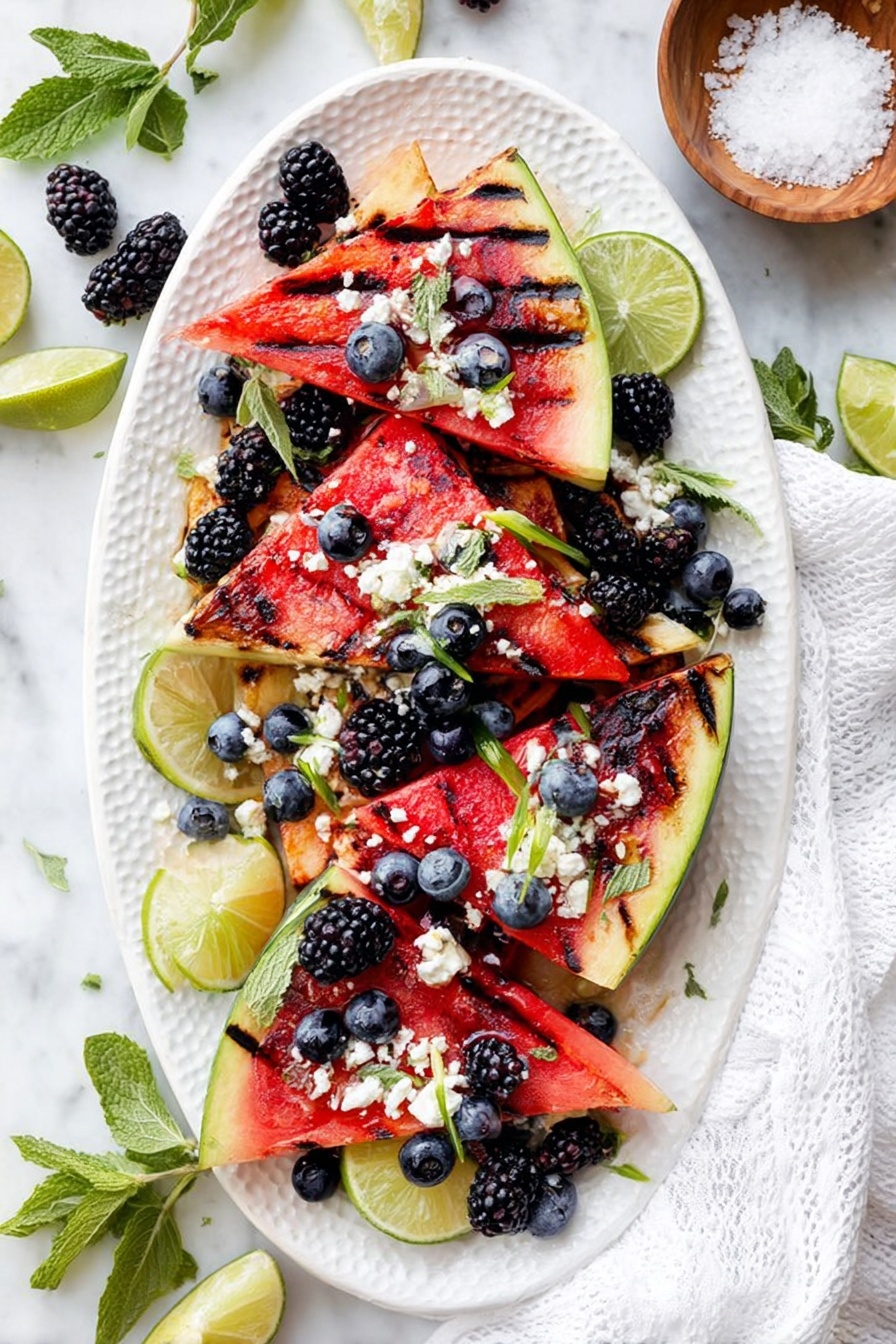 A dark metal tray holds several triangular slices of watermelon arranged in neat rows, each slice showing a bright red juicy inside with a thin green rind. Around the watermelon slices, there are several lime wedges scattered, showing their green skins and light green flesh. On one side of the tray, there is a small white bowl filled with coarse white salt, and near it, a small white bowl holds a golden liquid, likely honey or syrup. A natural-bristle brush with a wooden handle lays next to the fruit. A sprig of fresh green mint leaves sits at the bottom corner of the tray. The tray rests on a white marbled surface, giving a clean and bright background. Photo taken with an iphone --ar 2:3 --v 7