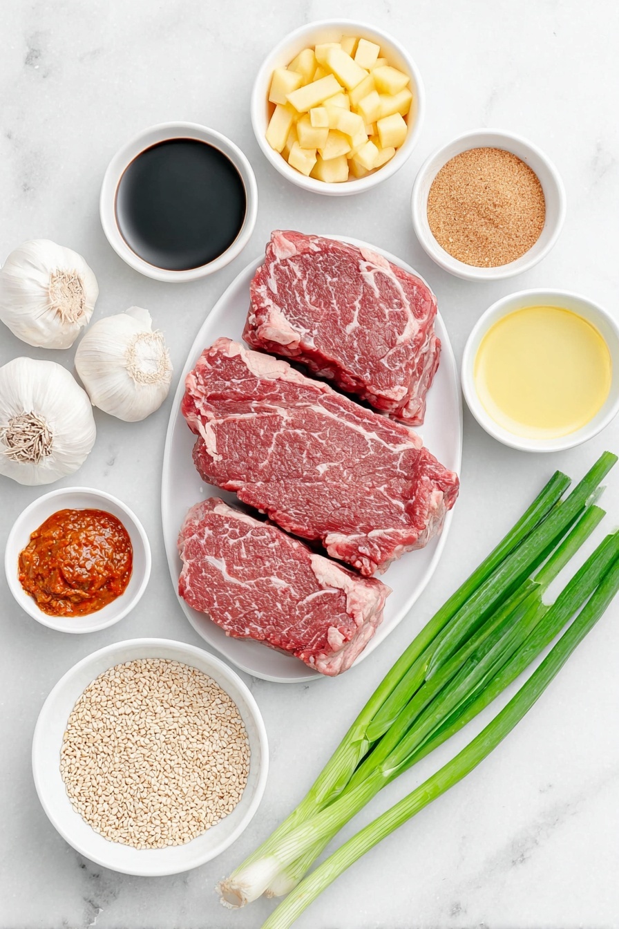 Flat lay of a slab of fresh boneless rib eye steak with deep red marbling, half of a small peeled Asian pear coarsely grated on a simple white ceramic plate, a small white bowl of dark reduced sodium soy sauce, a small white bowl of light brown granulated brown sugar, a small white bowl of golden toasted sesame oil, three whole uncracked garlic cloves with smooth white skins, a small pile of freshly grated pale yellow ginger root, a small white bowl with vibrant red gochujang paste, a small white bowl of clear pale yellow vegetable oil, two green onions with bright green stalks and white bulbs thinly sliced arranged neatly on the side, a small white bowl with light brown toasted sesame seeds scattered inside, all arranged symmetrically and perfectly balanced on a clean white marble surface, soft natural light, photo taken with an iPhone, professional food photography style, fresh ingredients, white ceramic bowls, no bottles, no duplicates, no utensils, no packaging --ar 2:3 --v 7 --p m7354615311229779997