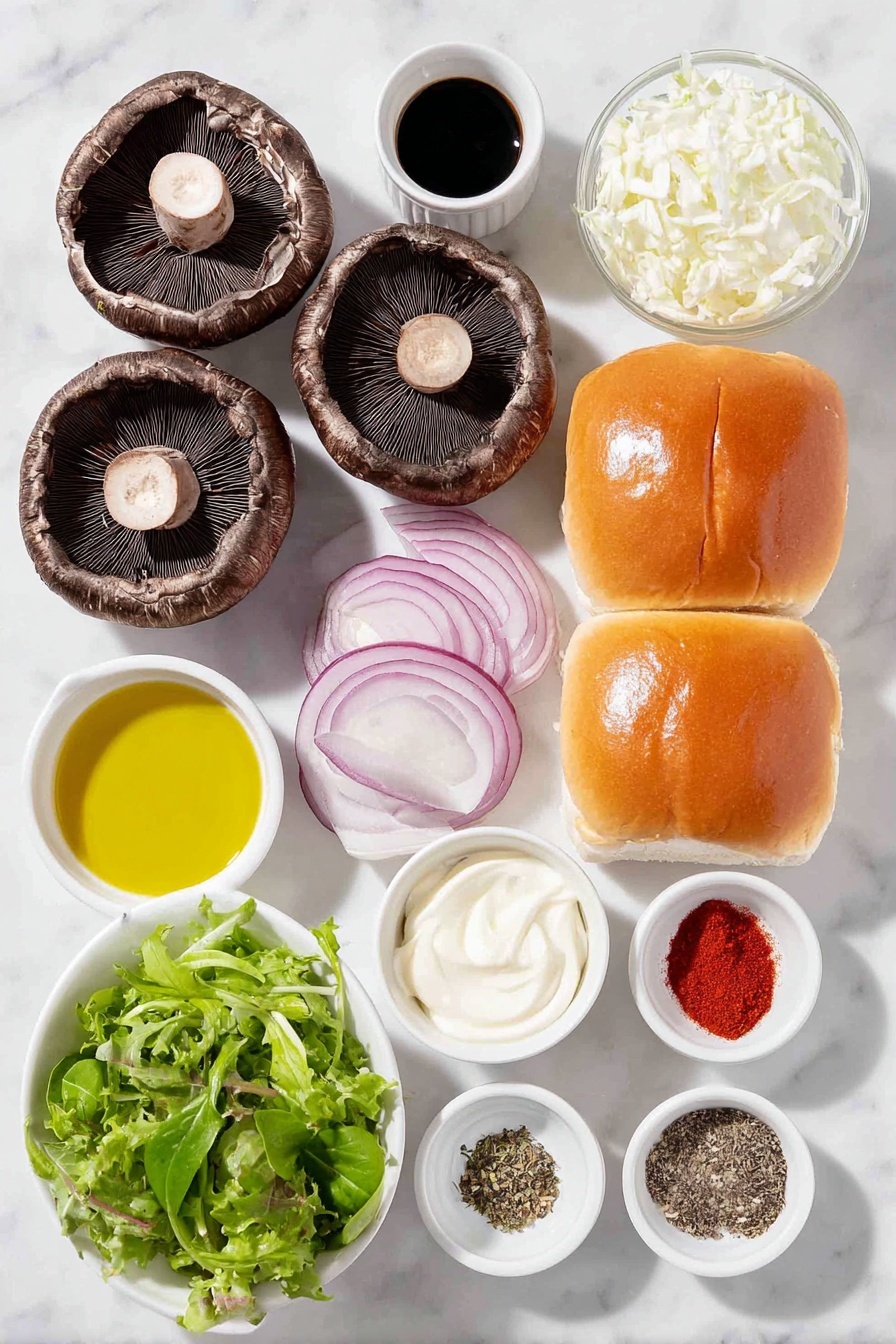 Flat lay of fresh whole portobello mushroom caps with dark brown gills visible, two soft golden hamburger buns, a small mound of vibrant green spring mix leaves, one ripe red tomato sliced in half showing juicy interior, thin rings of crisp purple-red onion, a small white ceramic bowl of smooth pale mayonnaise, a small white ceramic bowl with golden olive oil, a small white ceramic bowl of dark soy sauce, a small white ceramic bowl of amber apple cider vinegar, a small white ceramic bowl of light brown granulated brown sugar, a small white ceramic bowl containing dried oregano leaves, a small white ceramic bowl of fine garlic powder, a small white ceramic bowl of fine onion powder, a small white ceramic bowl of deep red smoked paprika powder, and a small white ceramic bowl holding freshly cracked black peppercorns—all arranged symmetrically on a clean white marble surface, soft natural light, photo taken with an iPhone, professional food photography style, fresh ingredients, white ceramic bowls, no bottles, no duplicates, no utensils, no packaging --ar 2:3 --v 7 --p m7354615311229779997