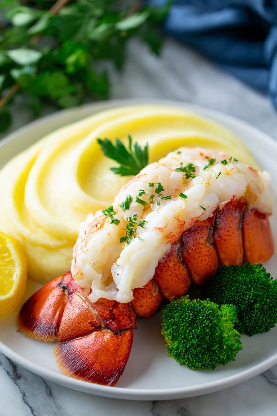 The image shows four raw lobster tails placed neatly in a row on a gold wire rack, which is set on a silver baking tray. Each lobster tail has a dark greenish-brown shell at the base, with white meat on top that is sprinkled with reddish seasoning, giving a textured look of light and dark spots. The background is a white marbled surface that contrasts with the lobsters and tray. The arrangement is clean and simple, focusing on the details of the lobster tails and the grid of the wire rack beneath them. photo taken with an iphone --ar 2:3 --v 7