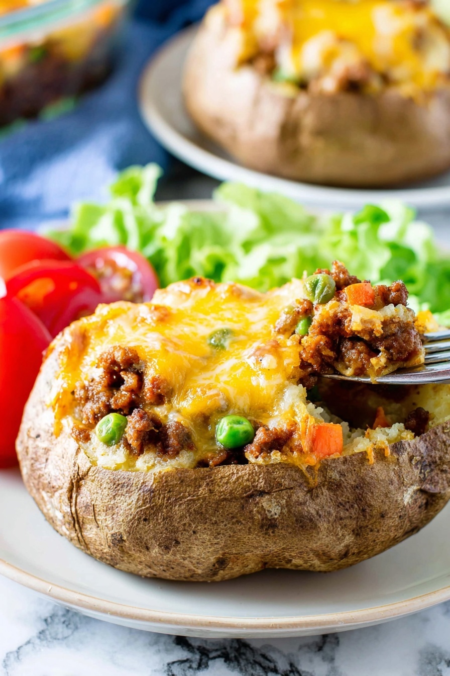 Two baked potatoes are placed side by side in a white round dish on a white marbled surface. Each potato is split open and filled with a layer of dark brown chili meat, topped generously with bright yellow shredded cheddar cheese spreading over the filling and edges. The potatoes have a light brown textured skin and a soft inner white potato flesh visible under the filling. A woman's hand is gently holding the white dish from the edge, with a light skin tone visible. photo taken with an iphone --ar 2:3 --v 7