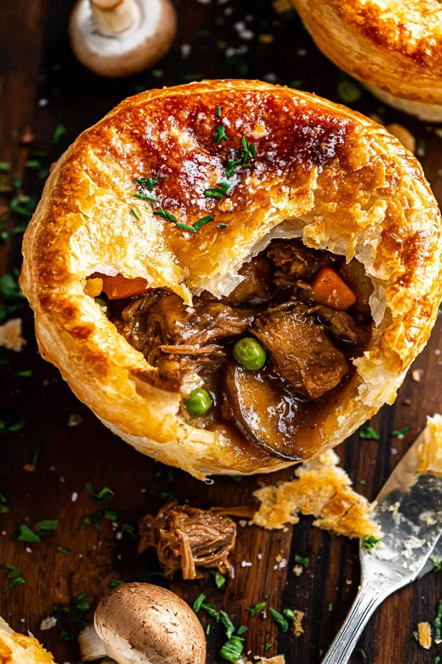 The image shows a close-up of a small round pie with a golden brown, flaky top crust that is partially broken to reveal the filling inside. The filling has a rich brown color with pieces of tender meat and small bits of vegetables like carrots and green peas, all in a thick sauce. The pie is resting on a dark wooden surface sprinkled with chopped green herbs, and a spoon is digging into the filling, lifting some crust and meat. There are also a few whole mushrooms and scattered crust flakes around the pie. photo taken with an iphone --ar 2:3 --v 7