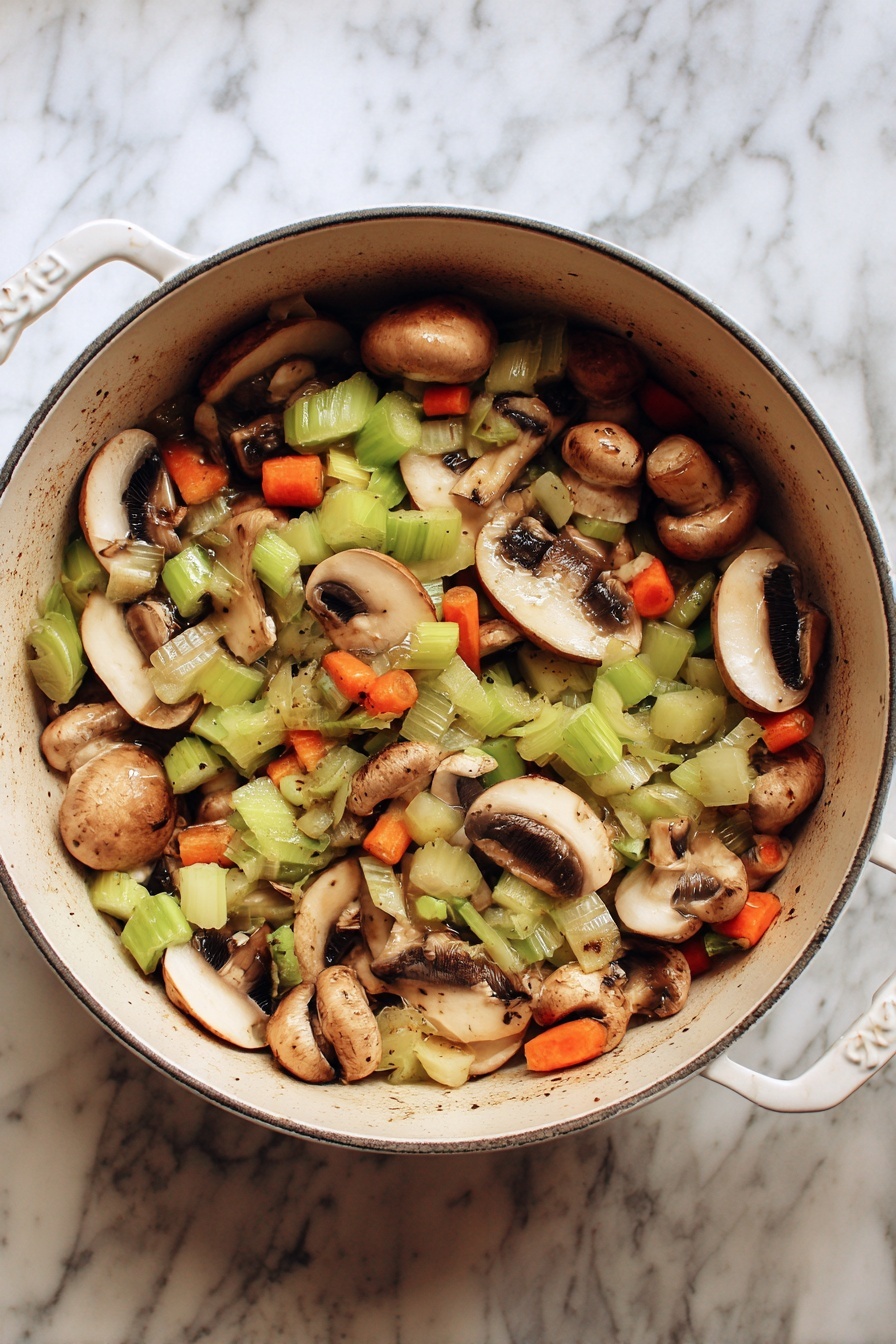 The image shows small round white ceramic bowls with blue geometric patterns filled with a layered savory pie. The bottom layer inside the bowl is a thick dark brown filling with chunks of tender meat and small carrots. The middle layer is covered with flaky golden pastry crust that spills over the edges of the bowl unevenly. On top, one bowl reveals the filling with soft meat pieces and some green garnish. A metal spoon inside the front bowl lifts part of the pastry and filling, highlighting the contrast between the shiny crust and moist inner layers. The bowls are placed on a dark wooden surface with some parsley leaves and a whole mushroom around them, all against a white marbled background. Photo taken with an iphone --ar 2:3 --v 7