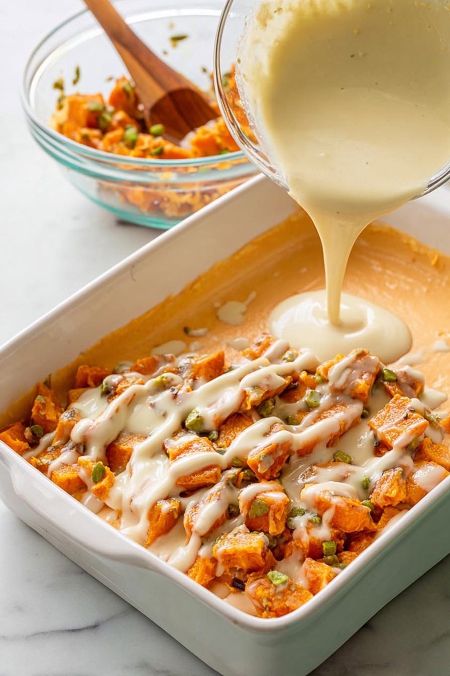 A square slice of baked casserole sits on a round white plate with ridged edges, showing three main layers: at the bottom is a light orange rice or pasta mix with a soft texture; in the middle is a creamy white sauce with smooth texture; on top is a golden-brown melted cheese layer with some browned spots. Small green onion pieces are scattered on the top golden cheese for color. A silver fork with a bite-sized piece of the casserole rests on the plate, lifting some of the creamy and cheesy layers. The background is a white marbled surface. Photo taken with an iphone --ar 2:3 --v 7