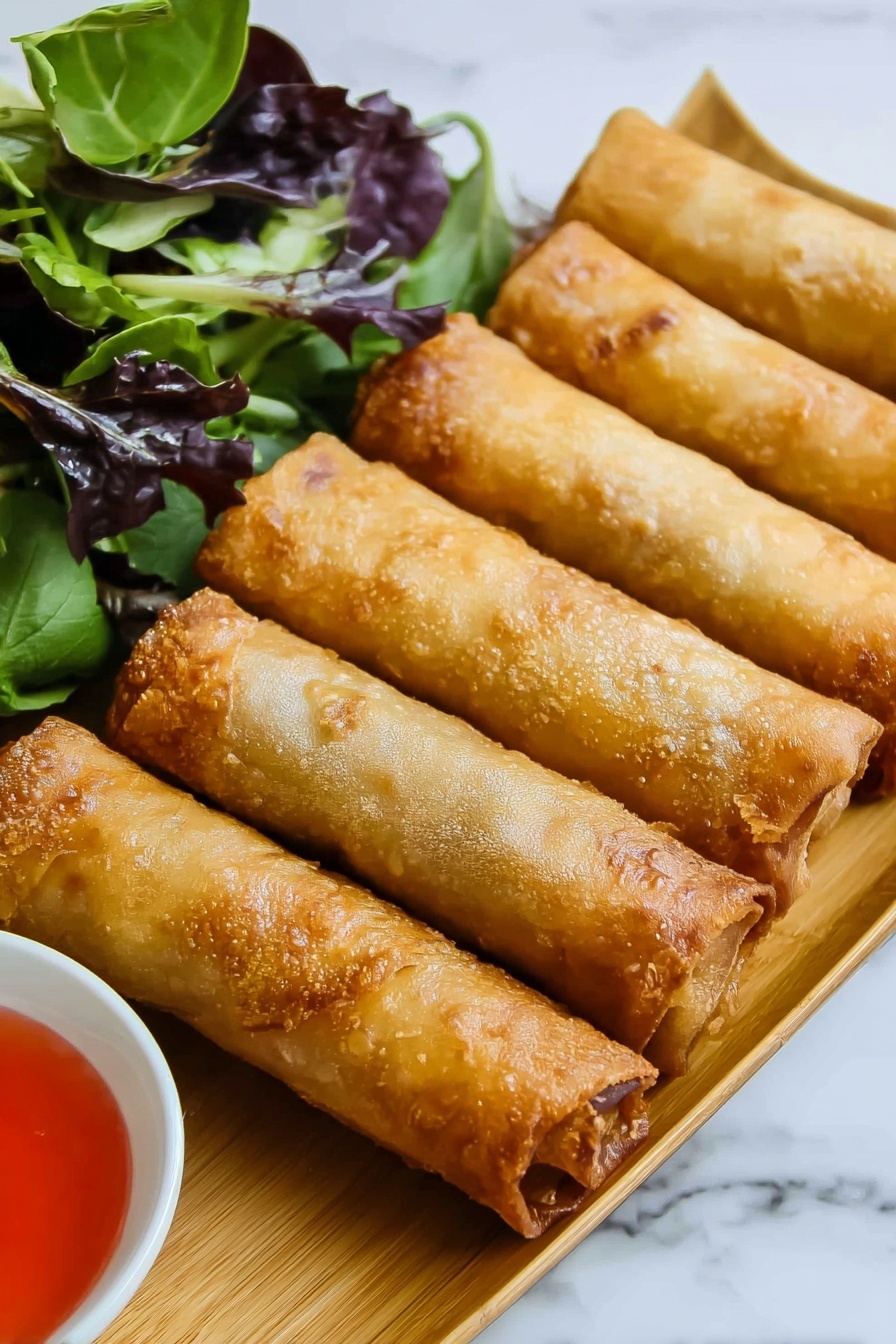 Seven golden brown spring rolls are stacked neatly side by side on a wooden board. The spring rolls have a crispy, lightly bubbled texture on their surface and are placed in a diagonal line. To the left of the spring rolls, there is a small bunch of mixed leafy greens with dark purple and bright green shades. A small white bowl containing red dipping sauce is partially visible at the bottom left corner. The background is a white marbled texture photo taken with an iphone --ar 2:3 --v 7