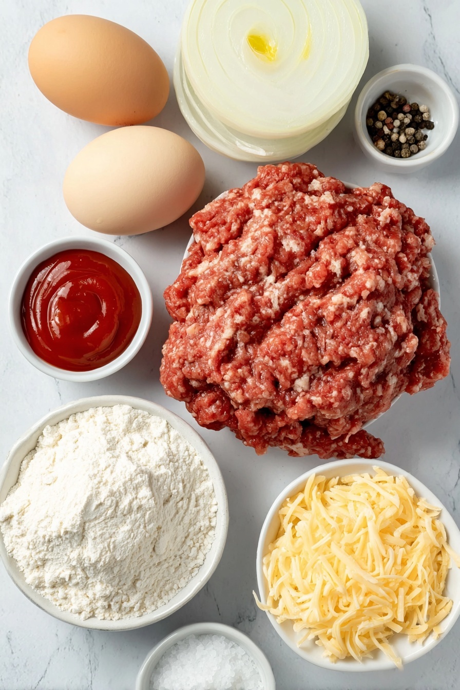 Flat lay of a small white ceramic bowl with golden vegetable oil, a mound of fresh ground beef, a medium onion halved to show its crisp layers, a small white bowl of bright red ketchup, a small white bowl filled with fine pale Bisquick mix, a clean white ceramic bowl with creamy milk, two large whole brown eggs with smooth shells, a neat pile of shredded sharp cheddar cheese, and small heaps of coarse sea salt, cracked black peppercorns, and fine garlic powder—all arranged symmetrically on a clean white marble surface, soft natural light, photo taken with an iPhone, professional food photography style, fresh ingredients, white ceramic bowls, no bottles, no duplicates, no utensils, no packaging --ar 2:3 --v 7 --p m7354615311229779997