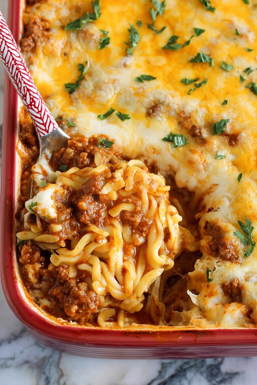 A white rectangular dish holds a baked spaghetti casserole with three visible layers: at the bottom, a brown and chunky meat sauce mixed with diced onions; in the middle, a thick layer of creamy, tangled spaghetti coated in the sauce; on top, a golden-yellow melted cheese layer sprinkled with small green parsley leaves. A blue and white patterned serving spoon lifts a portion from the dish, showing the cheese stretching over the noodles and meat below. The dish sits on a white marbled surface. photo taken with an iphone --ar 2:3 --v 7