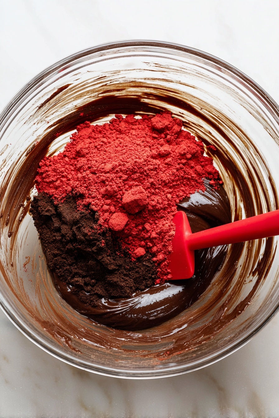 The image shows a white marbled surface holding a dark metal round dish filled with several chocolate-covered round truffles. Each truffle is coated in smooth dark chocolate topped with small rough bits of colorful nuts and crushed red fruit pieces. One truffle is placed on top and is bitten to reveal a thick, creamy, bright pink inside layer beneath the dark outer shell. The truffles create a roughly stacked pile with red and yellow small topping pieces scattered around them and on the white marble surface. Photo taken with an iphone --ar 2:3 --v 7