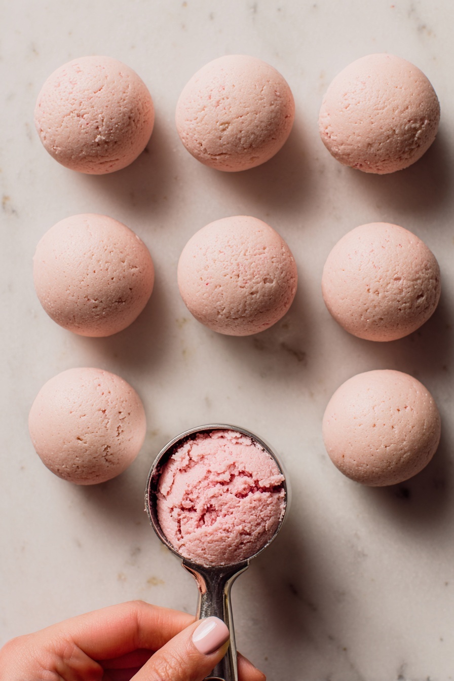 The image shows several round balls coated in smooth pink icing, each topped with small red, white, and purple heart-shaped sprinkles. One ball in the front is cut open, revealing a soft, creamy pink center with a slightly rough texture. The balls rest on a white marbled surface, and the cut one sits in a pleated white paper cup. The coating is thick and shiny, covering the center fully, making the treats look soft and sweet. photo taken with an iphone --ar 2:3 --v 7
