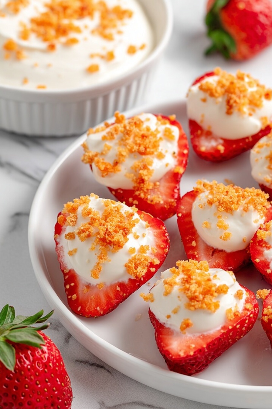 The image shows a white plate with several strawberry halves arranged in a circle along the edge. Each strawberry half is topped with a layer of smooth white cream and sprinkled with small orange crumb pieces. In the background, there is a white bowl filled with more cream, also sprinkled with the orange crumbs. The plate is placed on a wood textured surface, and a whole strawberry with its green leaves is near the plate. The overall look is fresh and colorful, with bright red strawberries, white cream, and crunchy orange topping visible. photo taken with an iphone --ar 2:3 --v 7