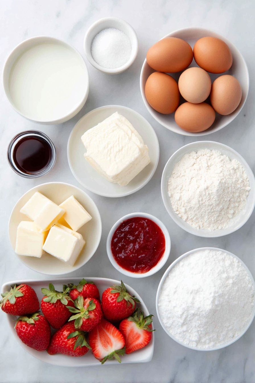 Flat lay of a small pool of vegetable oil in a simple white ceramic bowl, a few unsalted butter cubes melted and pooled in a small white bowl, a small white bowl filled with granulated sugar, three whole brown eggs with clean shells arranged in a triangle, a small white bowl holding pale vanilla extract, a small white bowl with fresh milk, fresh whole strawberries both whole and sliced revealing bright red juicy interiors, a small white bowl with all-purpose flour, a small white bowl with fine cornstarch, a small white bowl containing baking soda powder, a small white bowl containing baking powder, a small white bowl with fine salt, a small white bowl of cream cheese at room temperature, a small white bowl filled with vibrant red strawberry jam, a small white bowl of granulated sugar for the frosting, a small white bowl of heavy cream, and a pinch of salt displayed neatly and symmetrically, all placed on a clean white marble surface, soft natural light, photo taken with an iPhone, professional food photography style, fresh ingredients, white ceramic bowls, no bottles, no duplicates, no utensils, no packaging --ar 2:3 --v 7 --p m7354615311229779997