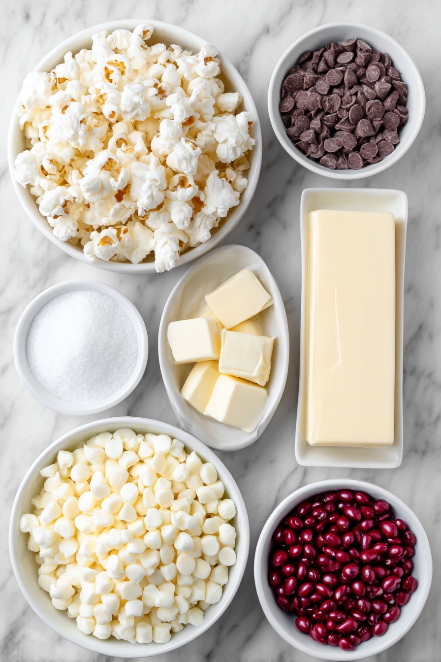 Flat lay of popped popcorn kernels, a stick of fresh butter, a small white bowl of granulated sugar, a small white bowl of light golden corn syrup, a small white bowl filled with vibrant red cinnamon candies (Red Hots), a small white bowl with fine salt, a small white bowl of white baking soda powder, a small white bowl of glossy white chocolate chips, and a small white bowl of bright red sprinkles, all arranged symmetrically on a clean white marble surface, soft natural light, photo taken with an iPhone, professional food photography style, fresh ingredients, white ceramic bowls, no bottles, no duplicates, no utensils, no packaging --ar 2:3 --v 7 --p m7354615311229779997