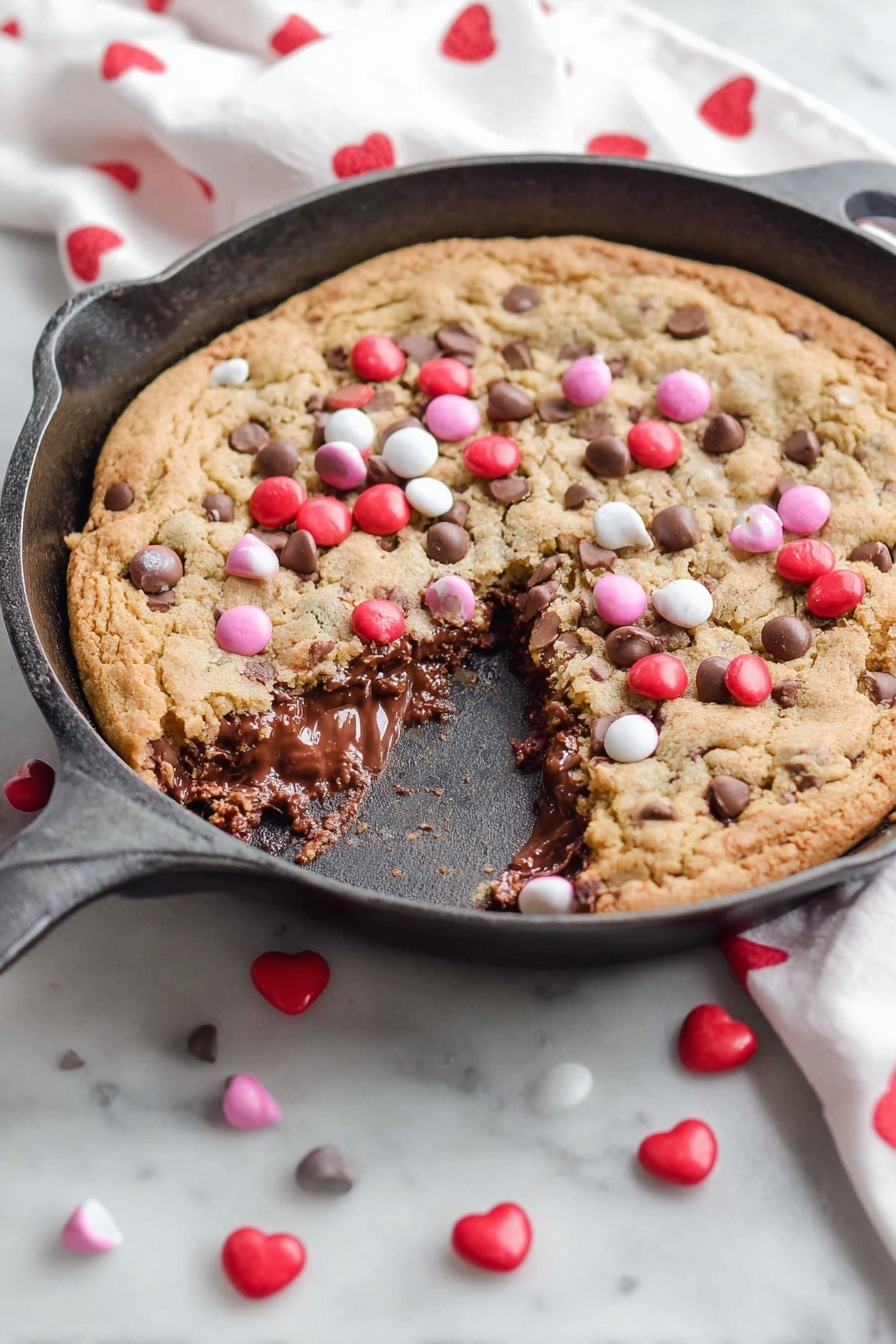 A large chocolate chip cookie with a golden brown top layer, baked in a black cast iron pan. The cookie is thick, showing a rich, gooey chocolate inside when a triangular piece is missing near the front. Scattered on top of the cookie and around the pan are colorful red, pink, and white candy-coated chocolates. The pan sits on a white marbled surface with a white cloth featuring small red hearts in the background. photo taken with an iphone --ar 2:3 --v 7