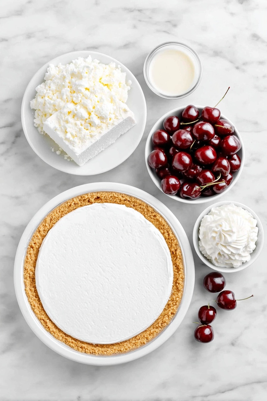 Flat lay of a whole pre-made graham cracker crust on a simple white ceramic plate, a softened block of cream cheese on a white ceramic dish, a small white bowl filled with thick sweetened condensed milk, a small white bowl containing vibrant dark red black cherry Kool-Aid powder, a small white bowl of fluffy thawed Cool Whip, and eight glossy maraschino cherries with stems arranged neatly beside the bowls, placed on a clean white marble surface, soft natural light, photo taken with an iPhone, professional food photography style, fresh ingredients, white ceramic bowls, no bottles, no duplicates, no utensils, no packaging --ar 2:3 --v 7 --p m7354615311229779997