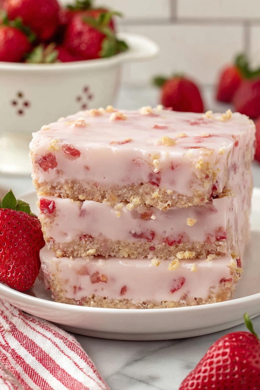 A white rectangular baking dish filled with creamy beige batter mixed evenly with small red pieces of strawberries throughout, the surface of the batter is slightly textured and spread flat. The baking dish is placed on a white marbled surface with a red and white checkered cloth partially visible in the lower left corner. The image shows the dish ready to be baked, with no additional layers visible, photo taken with an iphone --ar 2:3 --v 7