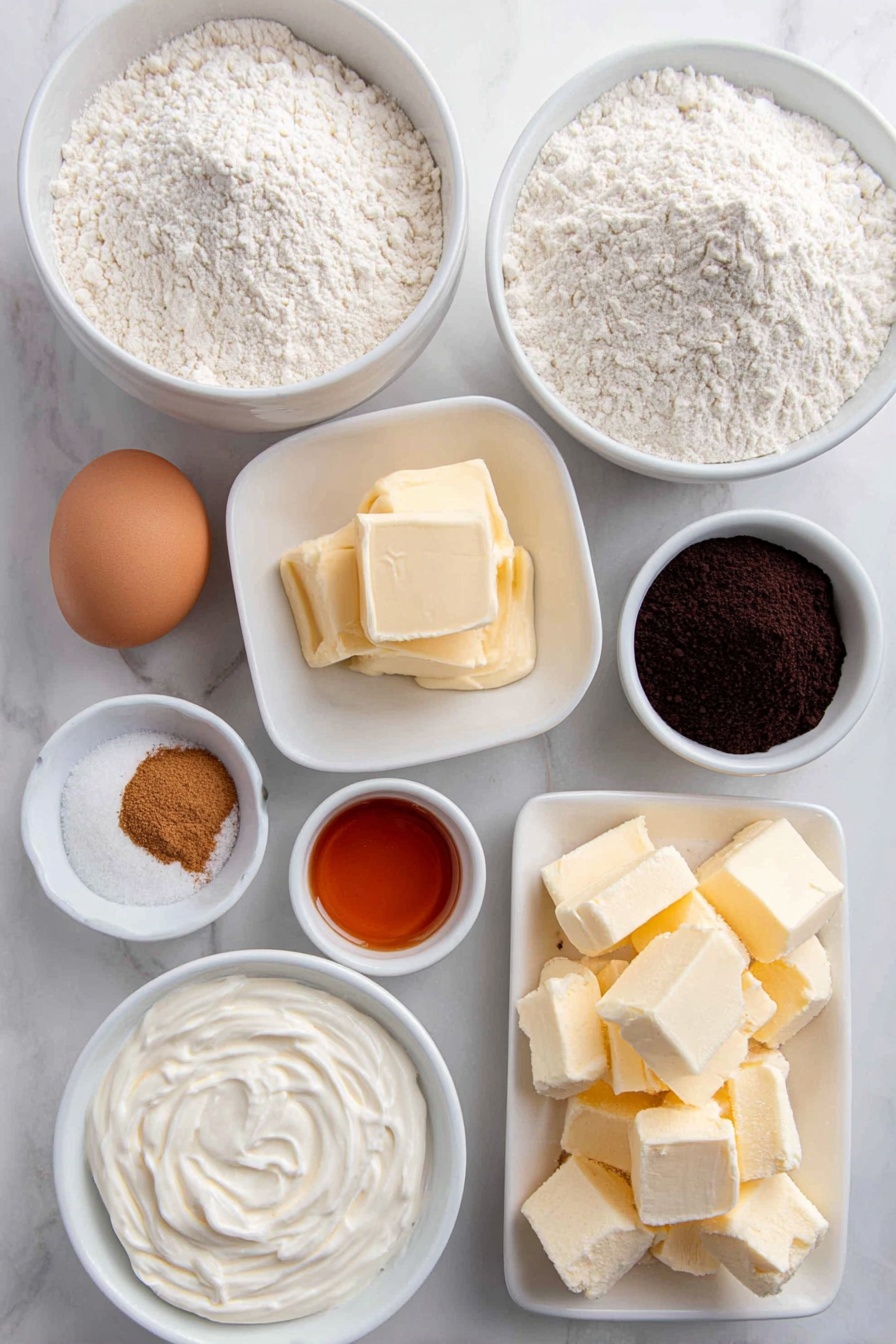 Flat lay of a small white ceramic bowl with fresh water, a small white ceramic bowl filled with fine bread flour, a small white ceramic bowl holding whole milk, a small white ceramic bowl with heavy cream, a small white ceramic bowl containing white vinegar, a neat pile of loosely stacked fresh bread flour, a small white ceramic bowl of granulated sugar, a small white ceramic bowl of dark cocoa powder, two teaspoons of instant yeast granules arranged neatly, a small white ceramic bowl of fine sea salt, one large uncracked brown egg, a small white ceramic bowl with vivid red gel food coloring, a small white ceramic bowl holding soft unsalted butter chunks, a small white ceramic bowl filled with light brown sugar, a small white ceramic bowl with ground cinnamon, a small white ceramic bowl containing vanilla bean paste, a small white ceramic bowl of smooth cream cheese, a small white ceramic bowl with powdered sugar, placed on a clean white marble surface, soft natural light, photo taken with an iPhone, professional food photography style, fresh ingredients, white ceramic bowls, no bottles, no duplicates, no utensils, no packaging --ar 2:3 --v 7 --p m7354615311229779997