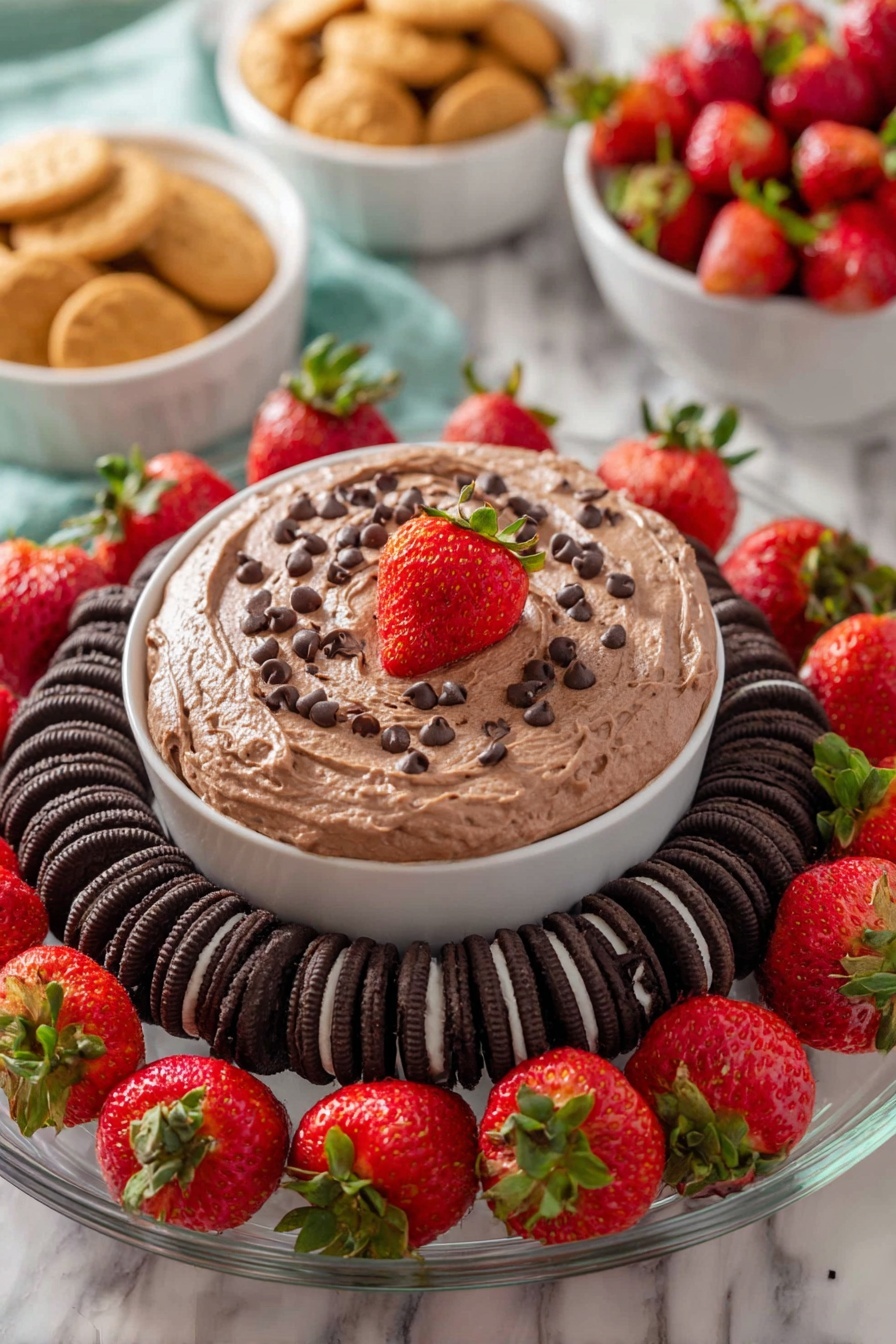 The image shows a dessert platter with three main layers. The bottom layer is a round white glass plate filled with a neat ring of dark brown sandwich cookies with white filling, tightly placed side by side. On top of this is a bowl filled with a thick, smooth chocolate mousse that has a light brown color and is garnished with small chocolate chips scattered on the surface. At the center of the mousse sits a strawberry cut in half, bright red and fresh with its green leaves still attached. Surrounding the plate are clear glass trays holding many whole, bright red strawberries with green leaves, adding vibrant color. In the background, there are white bowls with more small cookies and strawberries, all set on a white marbled surface. Photo taken with an iphone --ar 2:3 --v 7