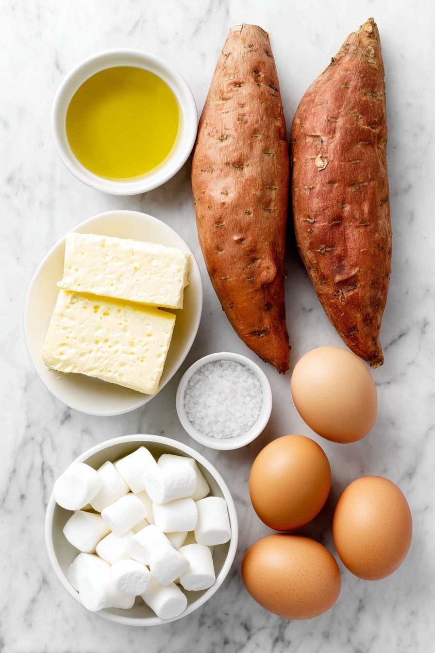 Flat lay of peeled sweet potatoes cut into sticks, a small white bowl of golden olive oil, a small white bowl of coarse sea salt crystals, a small white bowl filled with fluffy white marshmallows, a small white bowl of fresh heavy cream, and three whole uncracked brown eggs arranged with perfect symmetry, all placed on a clean white marble surface, soft natural light, photo taken with an iPhone, professional food photography style, fresh ingredients, white ceramic bowls, no bottles, no duplicates, no utensils, no packaging --ar 2:3 --v 7 --p m7354615311229779997