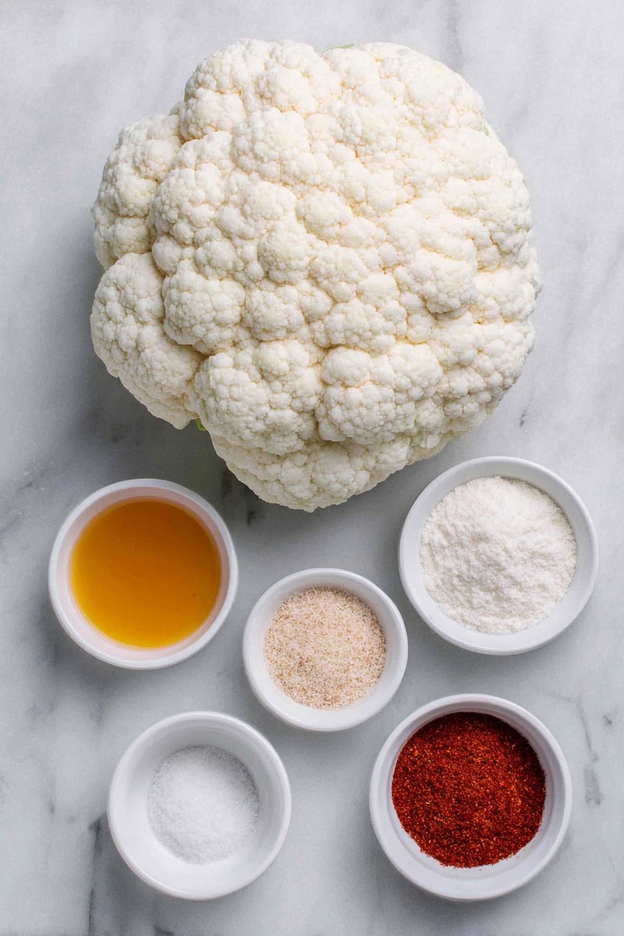 Flat lay of a fresh whole head of cauliflower cut into florets arranged neatly, a small white ceramic bowl of plain white flour, a small white bowl containing bright red ground paprika powder, another small white bowl with light brown onion powder, a small white bowl of finely ground white garlic powder, a small white bowl of coarse salt crystals, a small white bowl filled with creamy pale buttermilk, a small white bowl holding golden melted butter, and a small white bowl of vibrant orange-red buffalo sauce, all placed on a clean white marble surface, soft natural light, photo taken with an iPhone, professional food photography style, fresh ingredients, white ceramic bowls, no bottles, no duplicates, no utensils, no packaging --ar 2:3 --v 7 --p m7354615311229779997
