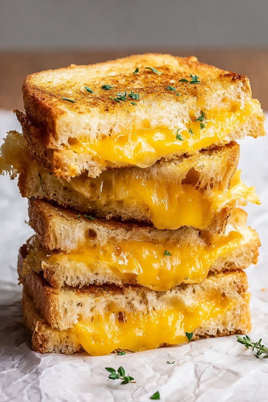 A stack of four grilled cheese sandwich pieces is shown on a white marbled surface, each layer made of toasted golden-brown bread with melted, bright yellow cheese oozing slightly at the edges. The top sandwich piece is slightly angled, revealing the gooey cheese inside, and small green herb bits are sprinkled lightly on the top piece and around the base. The bread has a crisp texture with a few porous holes visible, and the melted cheese looks smooth and creamy, binding the layers together. photo taken with an iphone --ar 2:3 --v 7