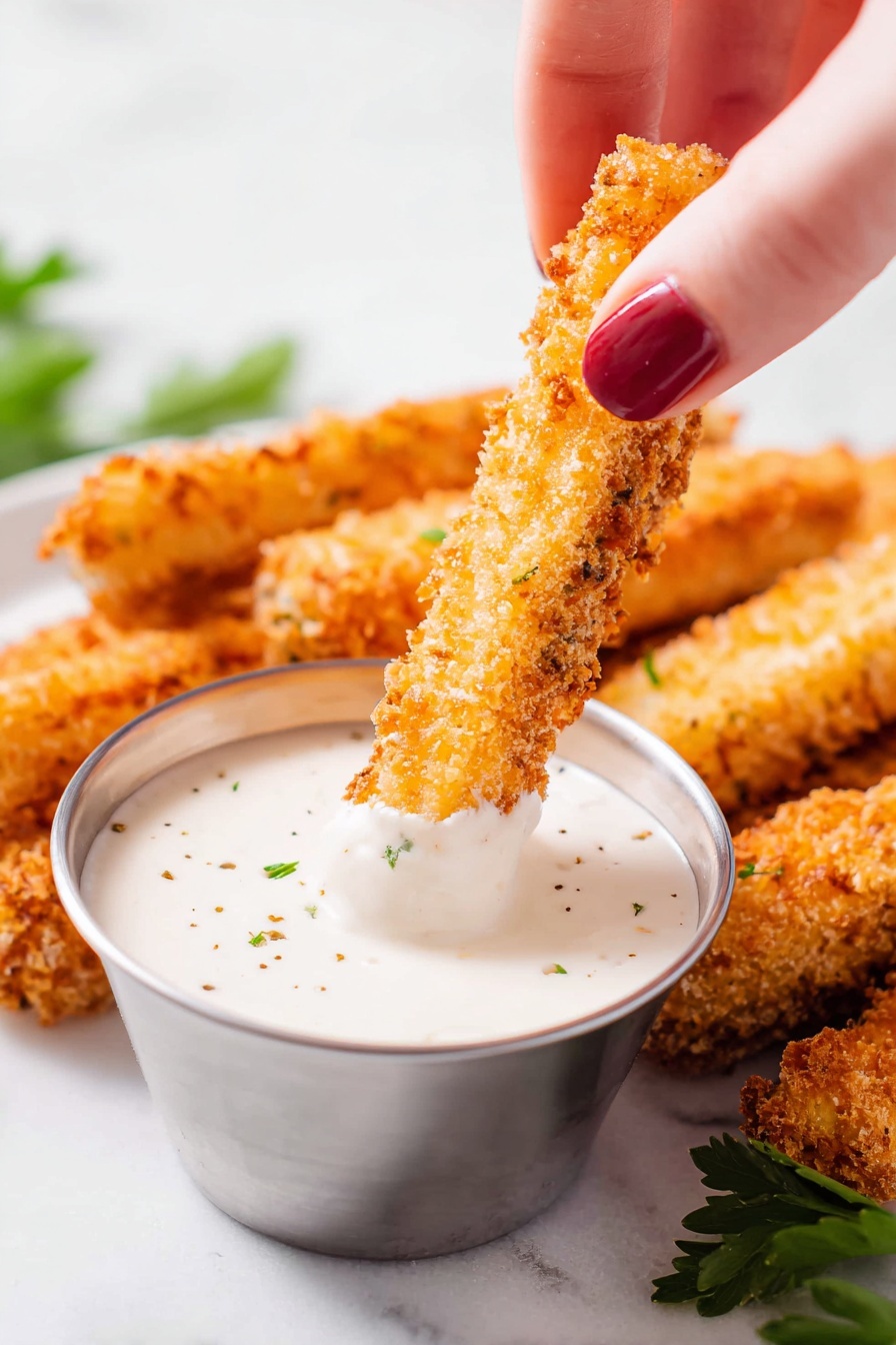 A clear glass bowl filled with a smooth, pale yellow batter with small bubbles on the surface sits on a white marbled texture. A woman's hand is dipping a thin, green pickle slice into the batter. In the background, there is a rectangular white dish holding several more thin pickle slices and a white bowl with some grain or seeds. Photo taken with an iphone --ar 2:3 --v 7