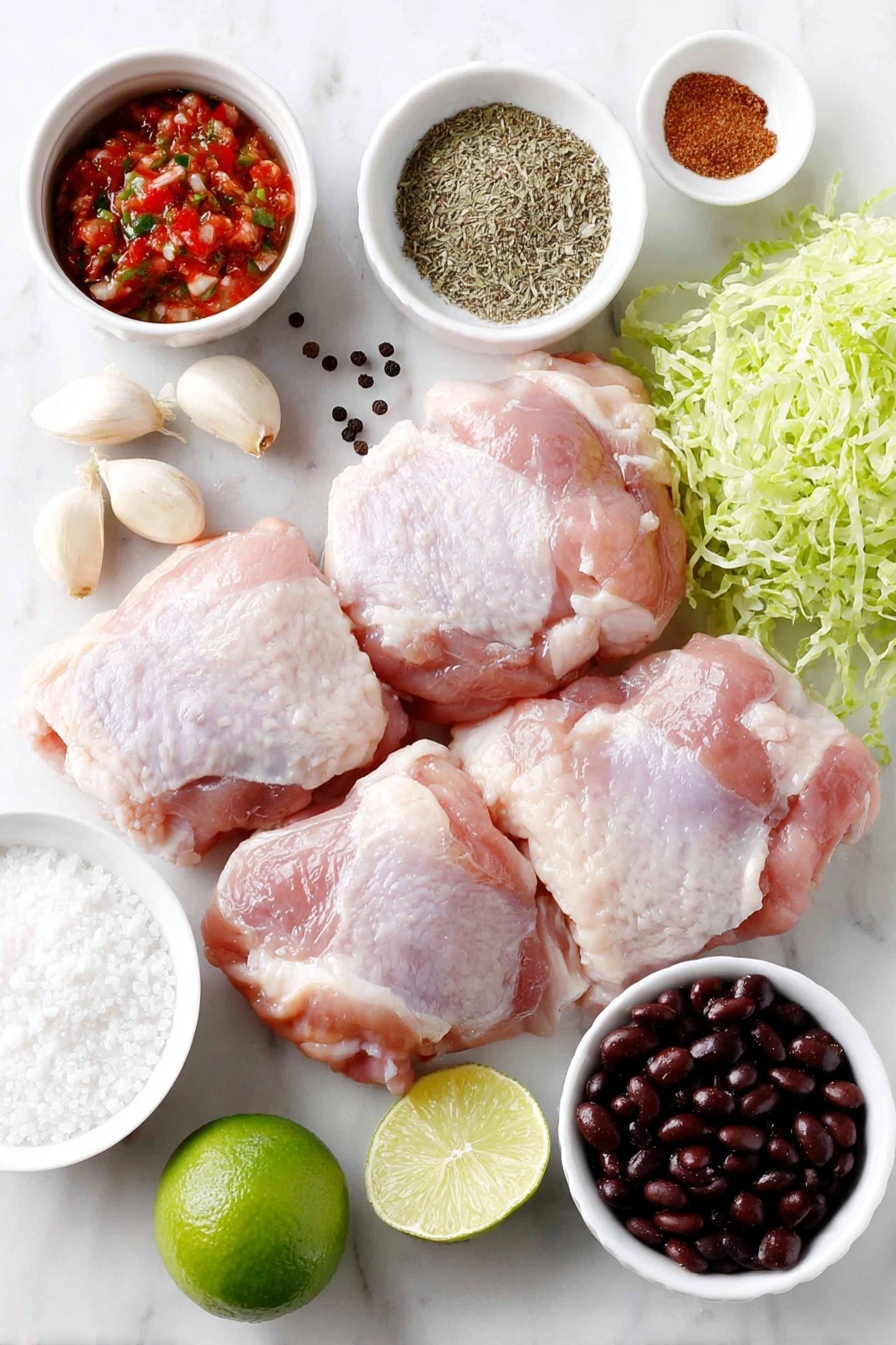 Flat lay of boneless skinless raw chicken thighs, three whole garlic cloves with papery skins, a few whole black peppercorns scattered, a small white ceramic bowl of ground ancho chile powder, a small white bowl of ground cumin, a small white bowl of dried oregano leaves, a small white bowl of kosher salt, a small white bowl with rich red chipotle peppers in adobo sauce, a small white bowl of golden olive oil, one whole uncut lime, a small mound of fluffy white rice, glossy black beans, a small pile of shredded fresh green lettuce, ripe avocado sliced into thin wedges, a small white bowl of chunky red salsa placed on a clean white marble surface, soft natural light, photo taken with an iPhone, professional food photography style, fresh ingredients, white ceramic bowls, no bottles, no duplicates, no utensils, no packaging --ar 2:3 --v 7 --p m7354615311229779997