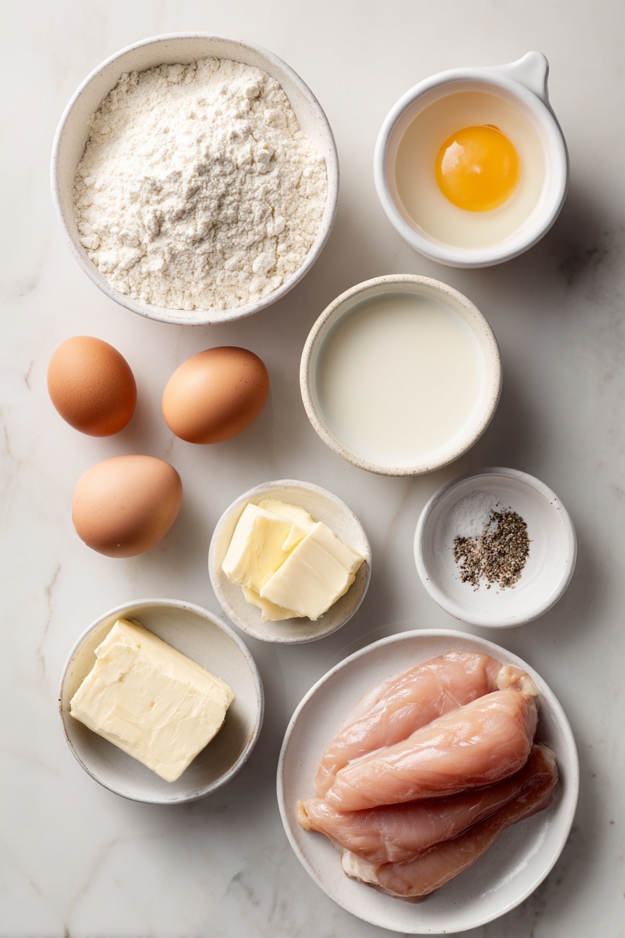 Flat lay of a fresh whole large egg with a clean shell, a small white ceramic bowl filled with whole milk, a small white bowl of all-purpose flour, a small white bowl containing seasoned salt, a small white bowl with ground black pepper, raw cube steaks with natural marbling on a simple white ceramic plate, a small white bowl with unsalted butter, placed on a clean white marble surface, soft natural light, photo taken with an iPhone, professional food photography style, fresh ingredients, white ceramic bowls, no bottles, no duplicates, no utensils, no packaging --ar 2:3 --v 7 --p m7354615311229779997