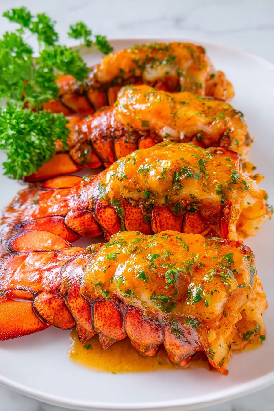 The image shows a close-up of four crab claws placed on a white plate with a white marbled texture background. Each crab claw is coated with a bright orange sauce, mixed with green herbs spread evenly on the surface, adding a fresh look and texture. Underneath the coated claws, you can see parts of the bright red crab shells, slightly shiny from the sauce. At the back of the plate, there is a small bunch of green parsley, adding color contrast. The sauce gives the crab claws a moist and rich appearance while the herby bits add texture to the shiny orange layer. photo taken with an iphone --ar 2:3 --v 7