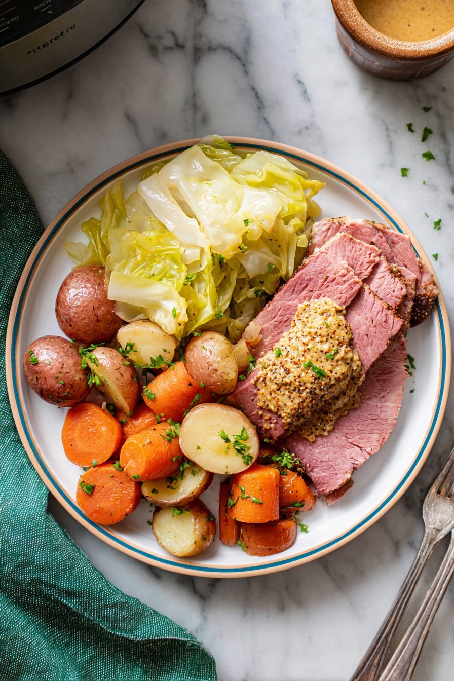 A large raw pink piece of meat lies inside a shiny silver cooking pot, sprinkled evenly with small round yellow mustard seeds, a few black peppercorns, red chili flakes, and green herb leaves. The edges of the meat show some white fat, and the bottom of the pot reveals thin slices of white garlic. The pot has a black rim and is placed on a surface with a white marbled texture. photo taken with an iphone --ar 2:3 --v 7