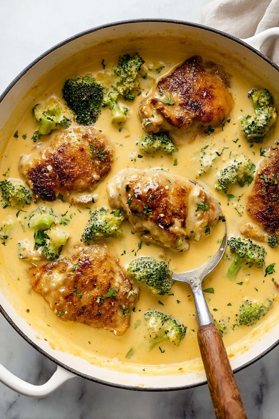 In a large white pot, there are four browned chicken pieces partly covered with thick, creamy light yellow sauce. The sauce has a smooth texture and is evenly spread over and around the chicken. Bright green small broccoli florets are mixed into the sauce, adding color contrast and texture. A silver spoon with a wooden handle is resting inside the pot on the right side, partially submerged in the sauce. The background shows a white marbled surface underneath the pot. photo taken with an iphone --ar 2:3 --v 7