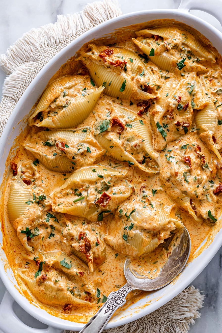 The image shows a white oval dish filled with creamy stuffed pasta shells covered in an orange-colored sauce mixed with herbs and small bits of red sun-dried tomatoes. The pasta shells are large, ribbed, and filled with a white cheese mixture. The sauce is smooth with a slightly thick texture and is spread evenly around and on top of the pasta shells. Green fresh herbs are sprinkled throughout the dish, adding small pops of color. A silver spoon with a floral pattern handle is partially submerged in the sauce on the right side. The dish is set on a white marbled surface with part of a fringed cloth visible at the edge. Photo taken with an iphone --ar 2:3 --v 7