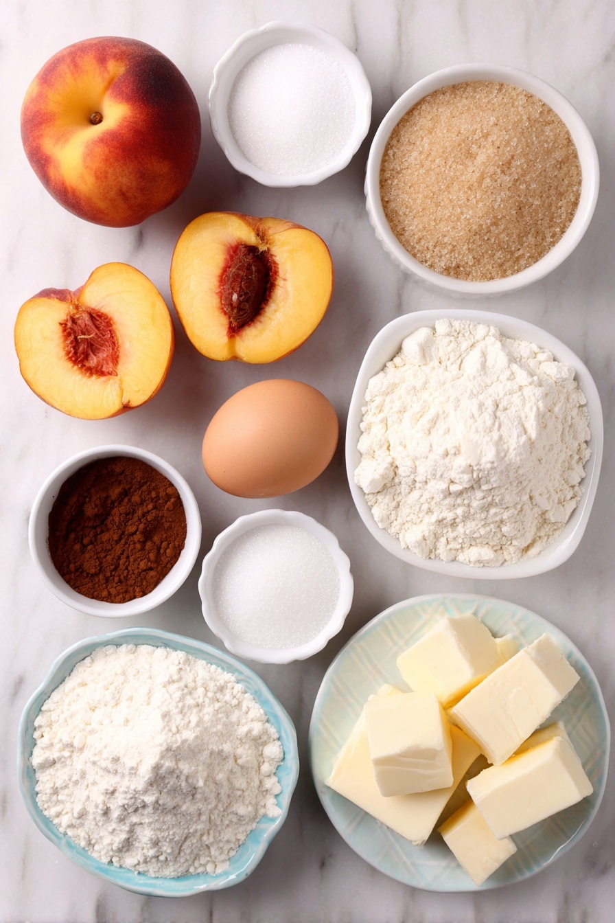 Flat lay of fresh ripe peaches whole and halved showing juicy flesh, a small white ceramic bowl of light brown sugar, a small white ceramic bowl of granulated sugar, a small white ceramic bowl of all-purpose flour, a small white ceramic bowl of ground cinnamon, a small white ceramic bowl of coarse sugar, cold unsalted butter cut into cubes, a whole uncracked large egg, a small white ceramic bowl of ice water, and a simple white ceramic plate holding all-purpose flour scattered --ar 2:3 --v 7 --p m7354615311229779997 placed on a clean white marble surface, soft natural light, photo taken with an iPhone, professional food photography style, fresh ingredients, white ceramic bowls, no bottles, no duplicates, no utensils, no packaging --ar 2:3 --v 7 --p m7354615311229779997