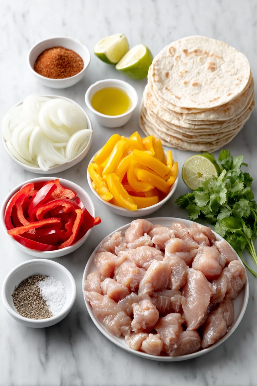Flat lay of boneless, skinless chicken breasts cut into thick strips, three fresh bell peppers in red, yellow, and orange sliced into strips, one medium onion peeled and sliced into rounds, small white ceramic bowl of golden olive oil, small white ceramic bowl containing a mix of chili powder, ground cumin, smoked paprika, garlic powder, and onion powder, small white ceramic bowl with fine sea salt, small white ceramic bowl with freshly ground black pepper, a neat stack of small soft flour tortillas, several bright green lime wedges, and a small bunch of fresh cilantro leaves placed on a clean white marble surface, soft natural light, photo taken with an iPhone, professional food photography style, fresh ingredients, white ceramic bowls, no bottles, no duplicates, no utensils, no packaging --ar 2:3 --v 7 --p m7354615311229779997