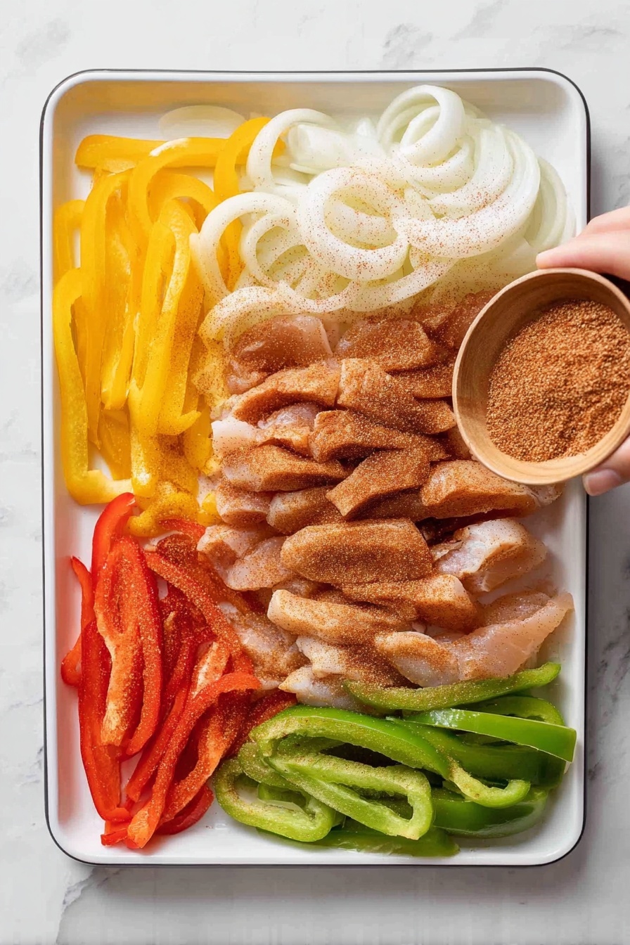 A white plate holds a single soft tortilla as the base layer, lightly toasted with dark brown spots around the edges. On top, there are pieces of cooked chicken with a golden-brown, slightly spicy coating, mixed with sautéed red and orange bell pepper strips that are soft and shiny. Fresh bright green cilantro leaves are scattered over the top, adding a fresh touch. At the top right edge of the plate, there are two lime wedges with a bright green and pale interior. The whole dish sits on a white marbled surface. photo taken with an iphone --ar 2:3 --v 7