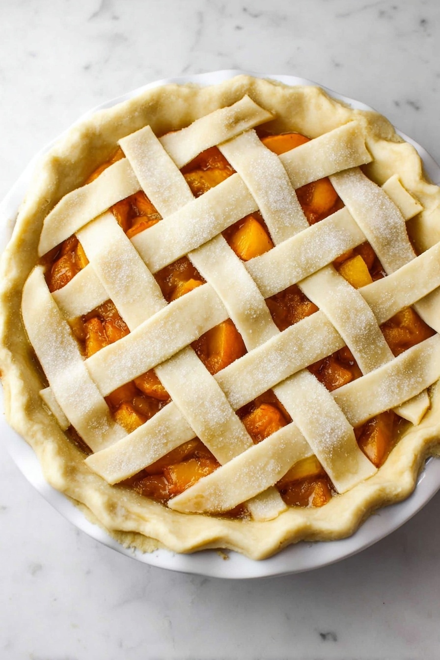 A slice of peach pie with a golden brown crust sits on a white plate with decorative edges. The pie filling shows layers of soft, bright orange peach slices mixed with a glossy, cinnamon-spiced sauce that slightly drips onto the plate. On top of the pie slice is a scoop of smooth white vanilla ice cream, drizzled with light caramel sauce. A silver fork rests beside the pie slice. The background shows part of the whole pie in a white pie dish and a blurred peach with cinnamon sticks on a white marbled surface. photo taken with an iphone --ar 2:3 --v 7