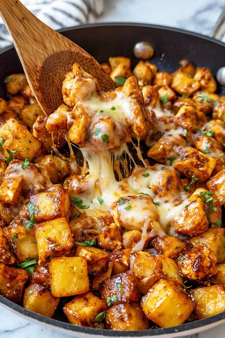 The image shows a close-up of a black frying pan filled with a mix of golden brown cubed potatoes and chicken pieces, all coated in a rich, glossy sauce. There is a layer of melted light golden cheese on top, stretching as a wooden spoon lifts a portion of the dish. Small green herb leaves are scattered over the food, adding a touch of fresh color against the warm, browned ingredients. The pan sits on a white marbled surface. Photo taken with an iphone --ar 2:3 --v 7