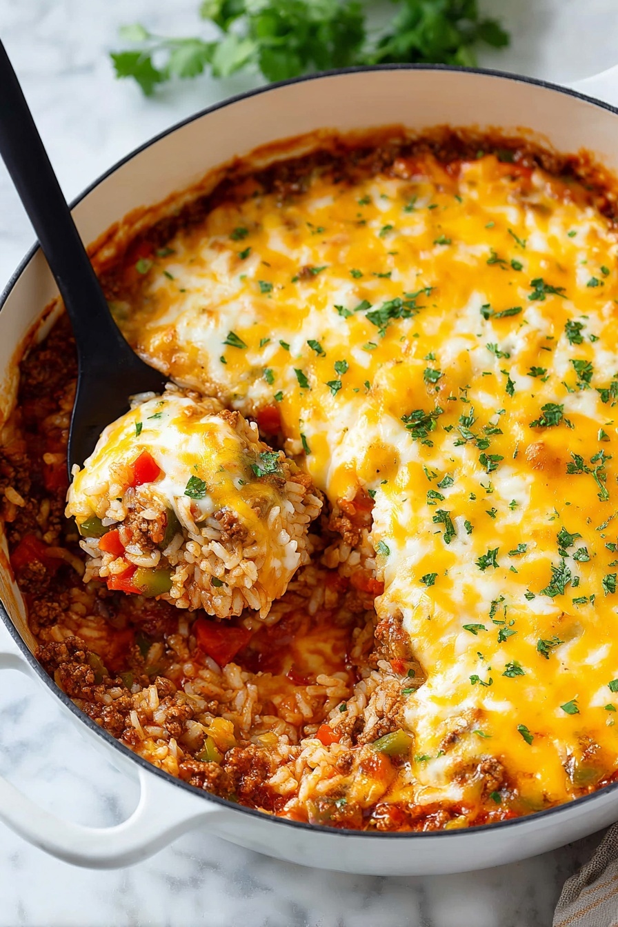 A close-up view of a white enameled pan filled with a cheesy rice dish that has three visible layers: a bottom layer of rich red tomato sauce mixed with cooked ground meat and diced vegetables; a middle layer of cooked white rice with bits of carrots and green peppers; and a top thick layer of melted yellow and white cheese dotted with small green herb pieces. A black spoon is scooping some of the cheesy rice mixture from the pan, revealing the layers underneath. The pan sits on a white marbled surface with some green herbs blurred in the background. Photo taken with an iphone --ar 2:3 --v 7