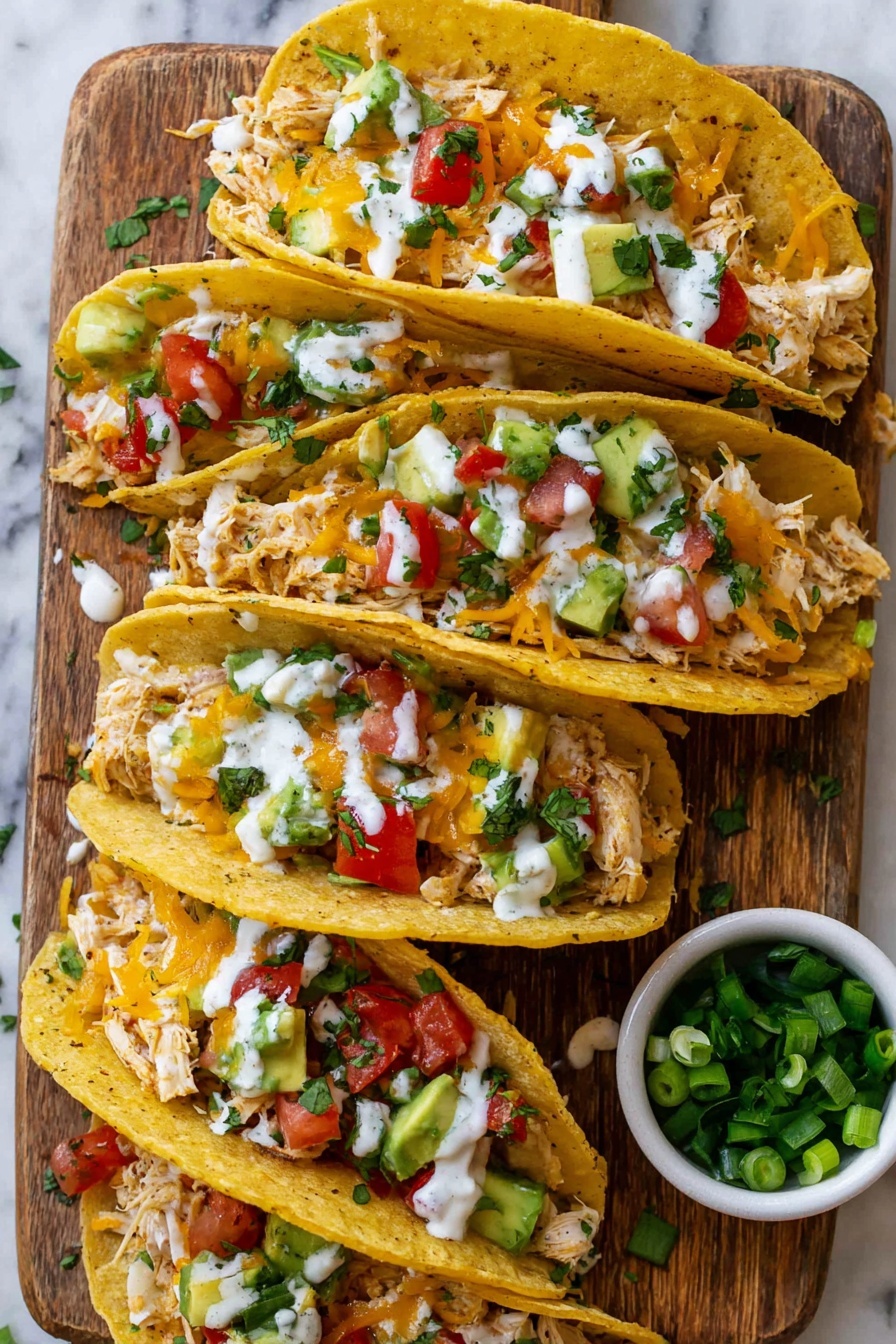 Five yellow corn taco shells are filled with four layers: the first is light beige shredded fish, the second is melted orange-yellow cheddar cheese, the third is small green avocado pieces mixed with red tomato cubes and green chopped herbs, and the fourth is white creamy sauce drizzled on top. The tacos are placed closely on a wooden board with a small white bowl of green chopped onions on the right side. The background is a white marbled texture. Photo taken with an iphone --ar 2:3 --v 7
