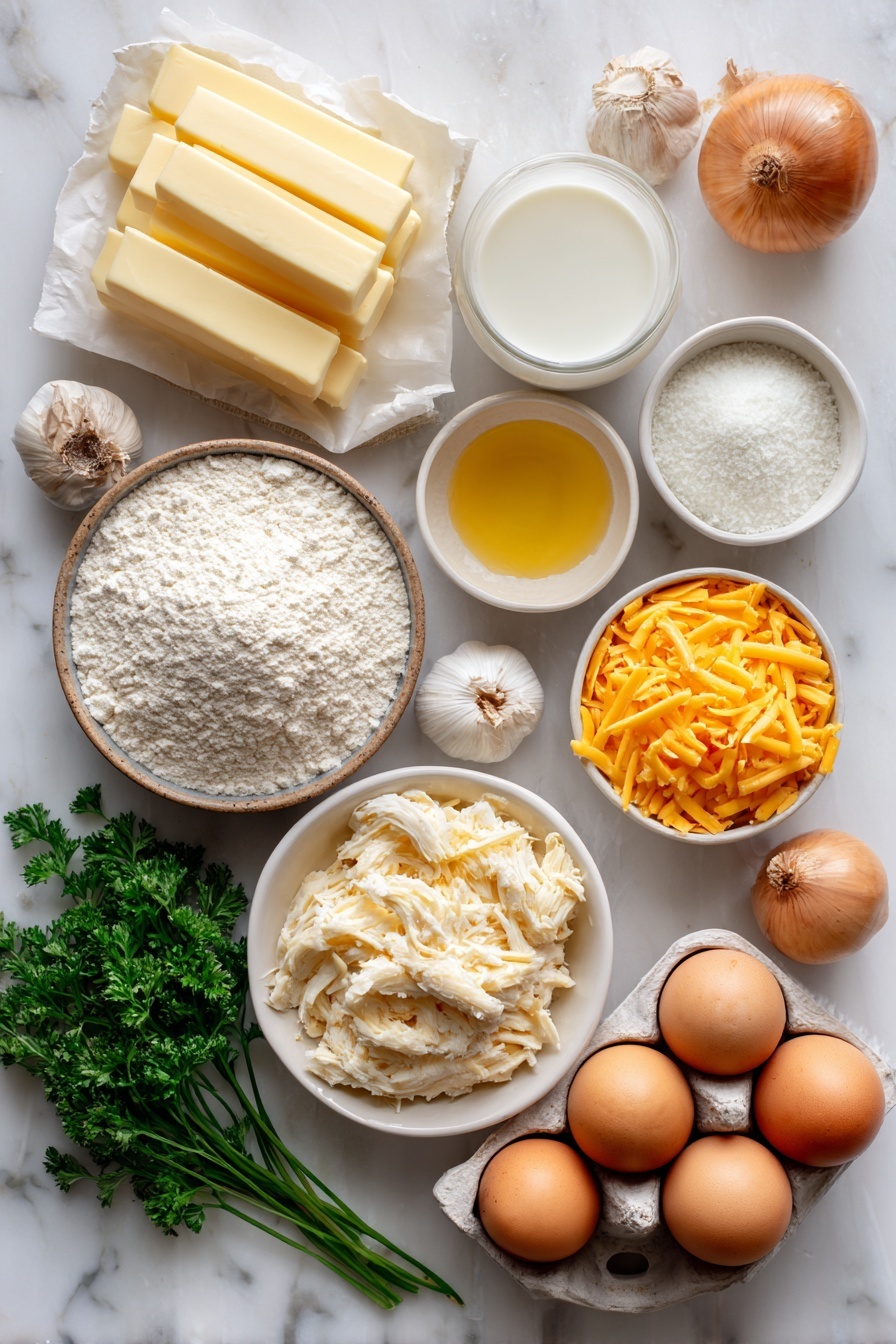 Flat lay of a small mound of pale yellow butter sticks, a small white ceramic bowl of creamy white milk, a small white ceramic bowl of golden melted butter, a simple white ceramic bowl filled with all-purpose flour, a small white ceramic bowl of bright orange shredded cheddar cheese, two whole brown onions, two whole uncracked brown eggs, two cloves of fresh garlic with skins, a small white ceramic bowl of fine white baking powder, a small white ceramic bowl of mixed frozen vegetables showing carrots, peas, and corn kernels, a handful of shredded cooked chicken pieces, and a few sprigs of fresh green parsley, all arranged with perfect symmetry on a clean white marble surface, soft natural light, photo taken with an iPhone, professional food photography style, fresh ingredients, white ceramic bowls, no bottles, no duplicates, no utensils, no packaging --ar 2:3 --v 7 --p m7354615311229779997