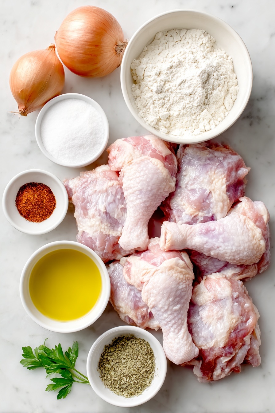 Flat lay of fresh raw chicken thighs and drumsticks with skin, a small mound of all-purpose flour, whole brown onions peeled and uncut, a small white ceramic bowl of bright golden vegetable oil, a small white ceramic bowl of coarse chicken bouillon powder, a small white ceramic bowl of freshly ground black pepper, a small white ceramic bowl of garlic powder, a small white ceramic bowl of fine salt, a small white ceramic bowl of poultry seasoning, a small white ceramic bowl of paprika, a white ceramic bowl of rich golden chicken broth, a white ceramic bowl of creamy milk, and a few sprigs of fresh green parsley, all arranged symmetrically and balanced on a clean white marble surface, soft natural light, photo taken with an iPhone, professional food photography style, fresh ingredients, white ceramic bowls, no bottles, no duplicates, no utensils, no packaging --ar 2:3 --v 7 --p m7354615311229779997